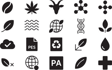 Material composition label glyph icon set. Vector pictograms of cotton, wool, silk, hemp, alpaca, cashmere, goat, textile, organic, natural, black sign silhouette illustration. S