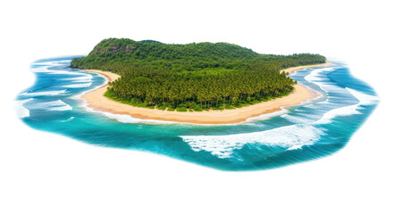 Lush tropical island featuring a pristine sandy beach, dense palm tree forest, and vibrant turquoise ocean waves breaking on the shore. Ideal for travel, vacation, or nature themes.