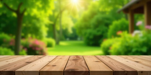 Empty wooden table, blurred garden view, soft focus , image, blank