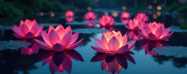 Floating lotus lanterns illuminate calm water, reflections visible; copy space , buddhist, meditation, nature