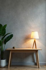 Gray textured background, simple wooden furniture arrangement Lamp illuminates table , shadow, rustic