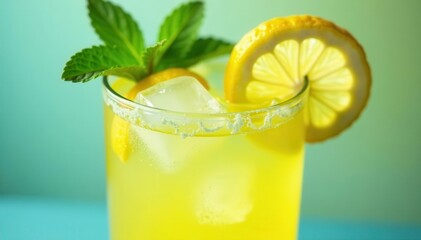 Iced lemonade, close-up, refreshing drink, lemon, mint, ice , studio shot, macro, drink