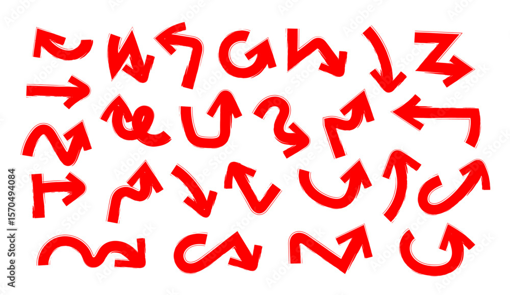Poster red marker arrow doodle in hand drawn style set, sketch arrow brush drawn, decorative direction poin