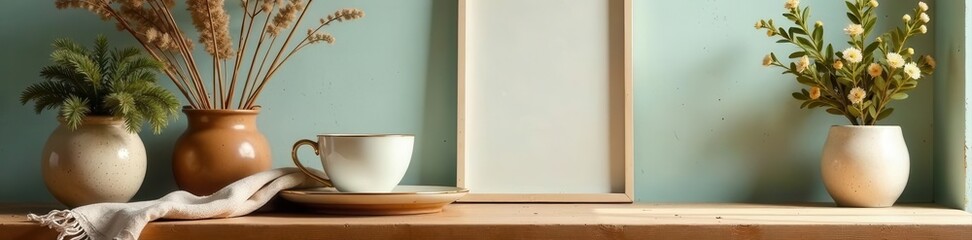 Minimalist vintage kitchen setup; coffee, scarf, frame, cup, mockup, image