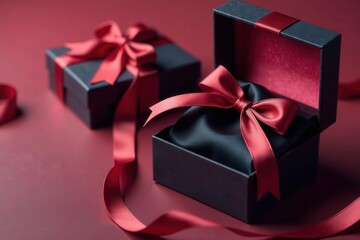 Luxury open gift box with black silk lining, overhead, white background, minimal