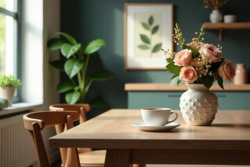 Modern Scandinavian dining scene Coffee, flowers, elegant accessories, wooden furniture , room, scandi, design