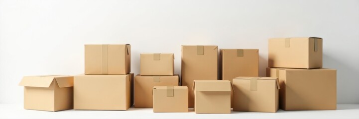 Neatly arranged cardboard boxes of diverse sizes, clean white backdrop , studio shot, graphic, neat