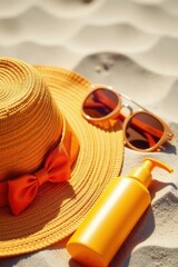 Orange sunhat, sunglasses, sunscreen bottle, cosmetics on sandy background , beauty, vacation, care