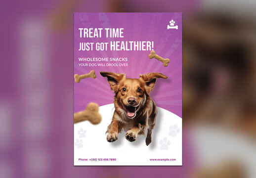 Editable Dog Treat Promotion Flyer Template &ndash; Energetic Purple Theme with Jumping Dog and Bone Graphics for PSD