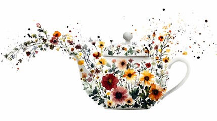 teapot with herbs and flowers for herbal tea (valerian, echinacea, liquorice). Hand drawn illustration, isolated on white background.