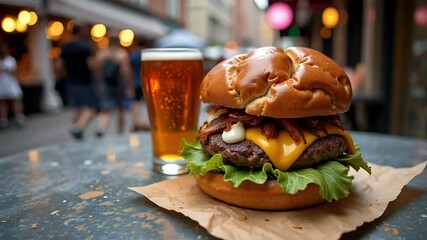 An appetizing gourmet burger and craft beer pairing on a metal table captures a bustling food truck scene at a lively outdoor fair.