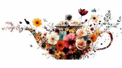 teapot with herbs and flowers for herbal tea (valerian, echinacea, liquorice). Hand drawn illustration, isolated on white background.