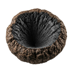 A rough, textured, earthy crater with a deep, dark funnel shaped void in the center, resembling a geological formation or abstract hole.