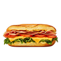 Deliciously layered deli sandwich with ham cheese lettuce and tomato on a toasted bun isolated on transparent background