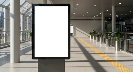 Fototapeta premium Blank Digital Billboard Displaying Information At Modern Transit Station Interior With Architectural Details