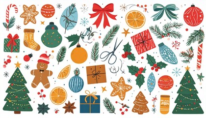 Christmas elements set. Colorful vector holiday items. Christmas illustration.