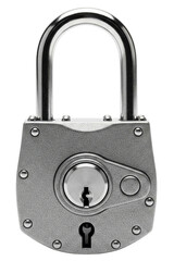Heavy-duty silver metal padlock for security and protection isolated on a transparent background