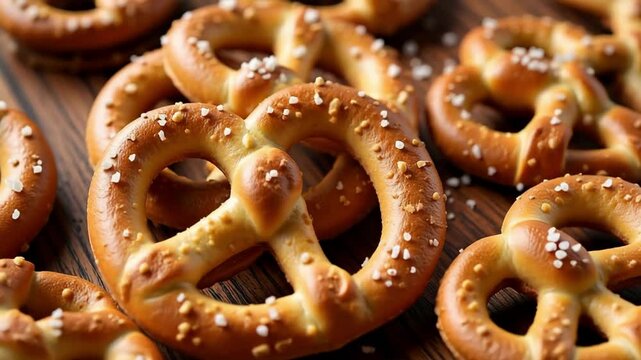 Watch as crunchy German pretzel cracker cookies with glistening salt crystals slowly rotate in mesmerizing detail in this stunning 4k footage.