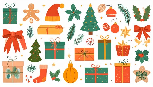 Christmas elements set. Colorful vector holiday items. Christmas illustration.