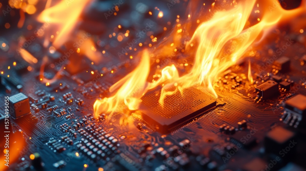 Poster burning computer cpu on circuit board engulfed in flames.