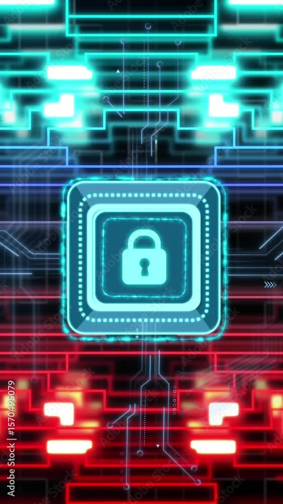 Poster animation of online security padlock, data processing over computer circuit board