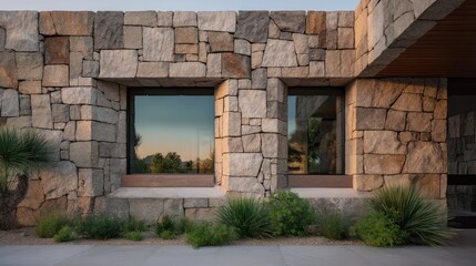 Minimal duplex with warm stone cladding deep-set windows captured during early twilight with subtle reflections ambient environmental tones