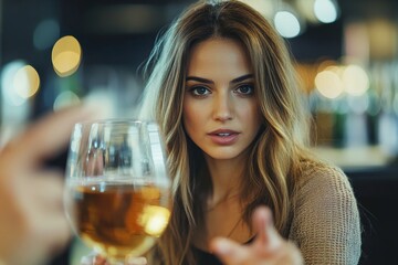 Woman refusing alcohol, politely saying no to her friend at a social gathering, Generative AI