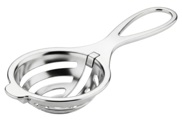 Shiny metal egg separator kitchen utensil for baking and cooking isolated on a transparent background