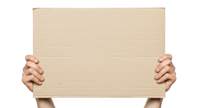 Hands Hold Empty Cardboard Sign Isolated Mockup Transparent Background