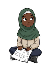 Illustration of Muslim Girl with Hijab Learning Cartoon Style