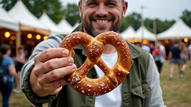 A man enjoys a massive salty pretzel at an outdoor food festival, surrounded by tents and a bustling crowd, celebrating culinary traditions.