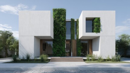 Obraz premium Minimalist duplex in pure geometric form with vertical garden integration cool daylight highlighting structural clarity planting textures precise