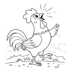 A proud cartoon rooster stands on one leg with wings outstretched and beak open, as if crowing. The detailed feathers, large comb, and rocky grassy ground add lively character to the outdoor scene.