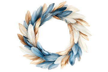 Elegant blue and beige feather wreath isolated PNG clipart with transparent background, high-resolution boho chic decorative ring ideal for wedding invitation design, bohemian home décor prints