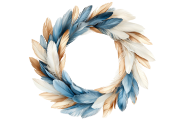 Elegant blue and beige feather wreath isolated PNG clipart with transparent background, high-resolution boho chic decorative ring ideal for wedding invitation design, bohemian home décor prints