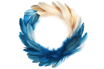 Elegant blue and beige feather wreath isolated PNG clipart with transparent background, high-resolution boho chic decorative ring ideal for wedding invitation design, bohemian home décor prints