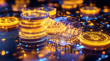 Crypto coins stacked, glowing, showcasing digital assets against circuit board background, for finance concepts
