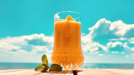 Fresh Mango Juice in Glass Against Blue Sky With Clouds