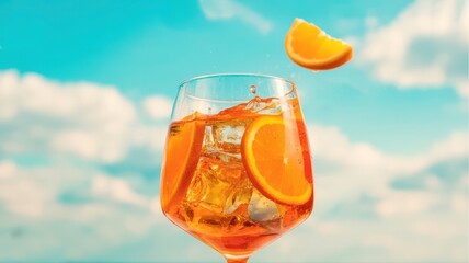 Orange Cocktail Splash With Slices Against a Vibrant Blue Sky Backdrop