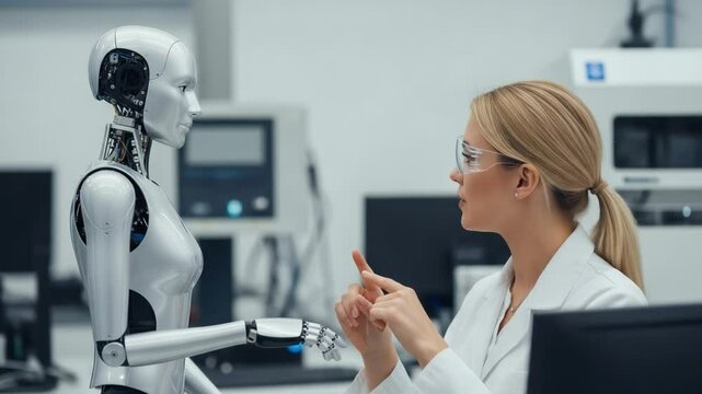 Researcher Interacts With Advanced Robot in Futuristic Lab Setting