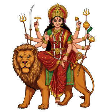 Illustration of Durga Riding Lion Symbolizing Power Transparent Background