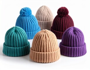 knitted hat isolated on white background.hat with dark blue pompon .