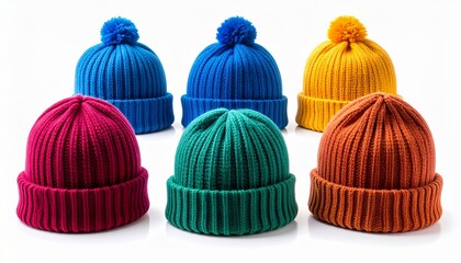 knitted hat isolated on white background.hat with dark blue pompon .