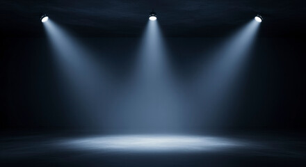 Dark Room Illuminated By Three Spotlights Projecting Light Beams Onto Floor And Forming a Central Focus Area
