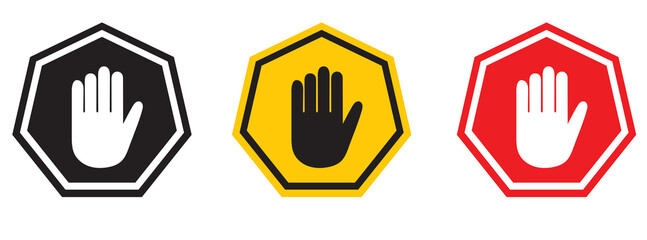 Obraz premium Red stop hand sign, stop hand png printable design, isolated on white background. Traffic regulatory warning stop symbol. 