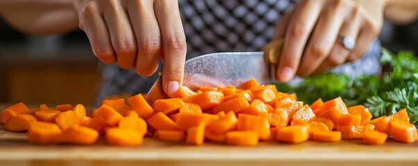Asian housewife slicing carrots in preparation for a healthy dinner salad in the kitchen, Generative AI