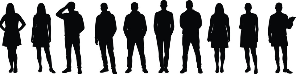 Silhouette group of standing people, male and female figures, black isolated characters, casual pose, human vector design, shadow illustration