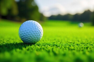Naklejka premium Precision on the Green A Close-Up of a Golf Ball Ready to be Struck on a Perfectly Manicured Putting Surface, Showcasing the Games Detail and Skill.