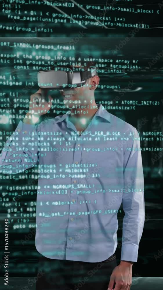 Poster man using vr headset against screens with mathematical diagrams and data processing