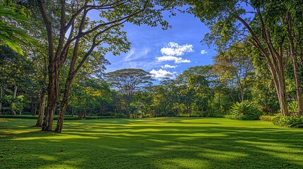 Fototapeta premium Serene landscape showcasing lush greenery under a bright blue sky with scattered clouds